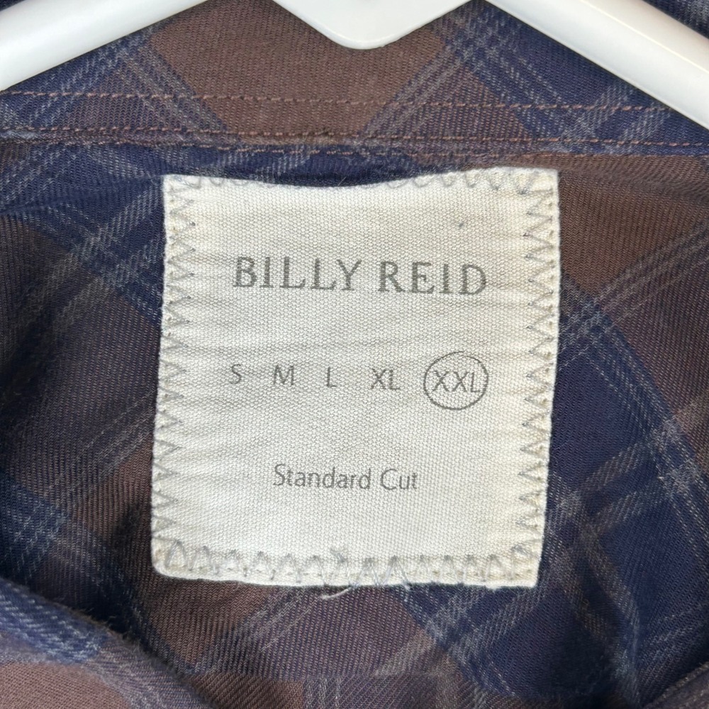 Billy Reid Mens XXL Brown Navy Blue Plaid Flannel Button Down Shirt Standard Cut - Picture 7 of 8